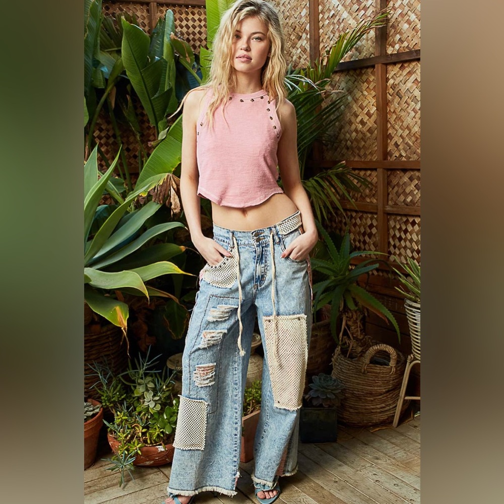 POL Wide-Leg Carpenter Jeans | Metallic Studs Distressed Utility Denim. - Picture 2 of 10